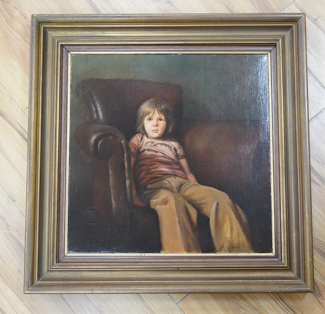 Ken Moroney (1949-2018), oil on canvas, Study of a seated child, signed, 50 x 50cm. Condition - fair to good, some craquelure